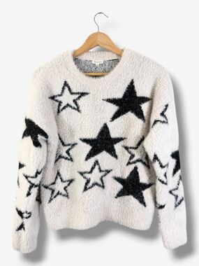 Anthropologie Pilcro Star Patterned Eyelash Sweater Size S Ivory Black Crewneck